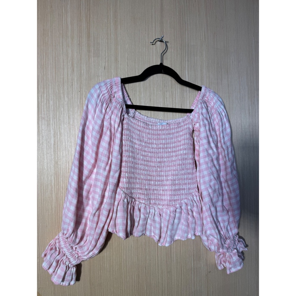 Sleeper $320 Atlanta Pink Gingham Linen Blend Smocked Puff Sleeve Crop Top XL